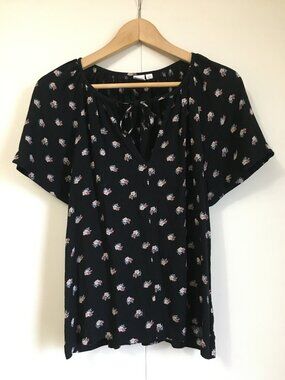 GAP Black Ditsy Floral Flutter Sleeve Tie Front Keyhole Blouse Rayon XS